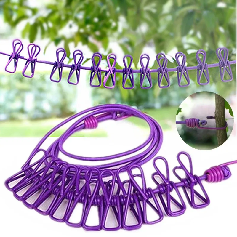 Corde à linge portable rétractable à 12 pinces