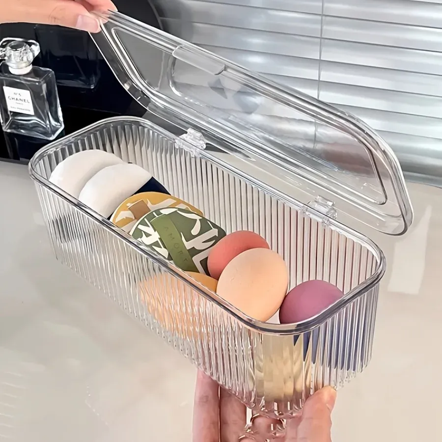 Organisateur de maquillage en acrylique avec couvercle, boîte de rangement cosmétique anti-poussière pour pinceaux, éponges de beauté et houppettes, 1 pièce 4