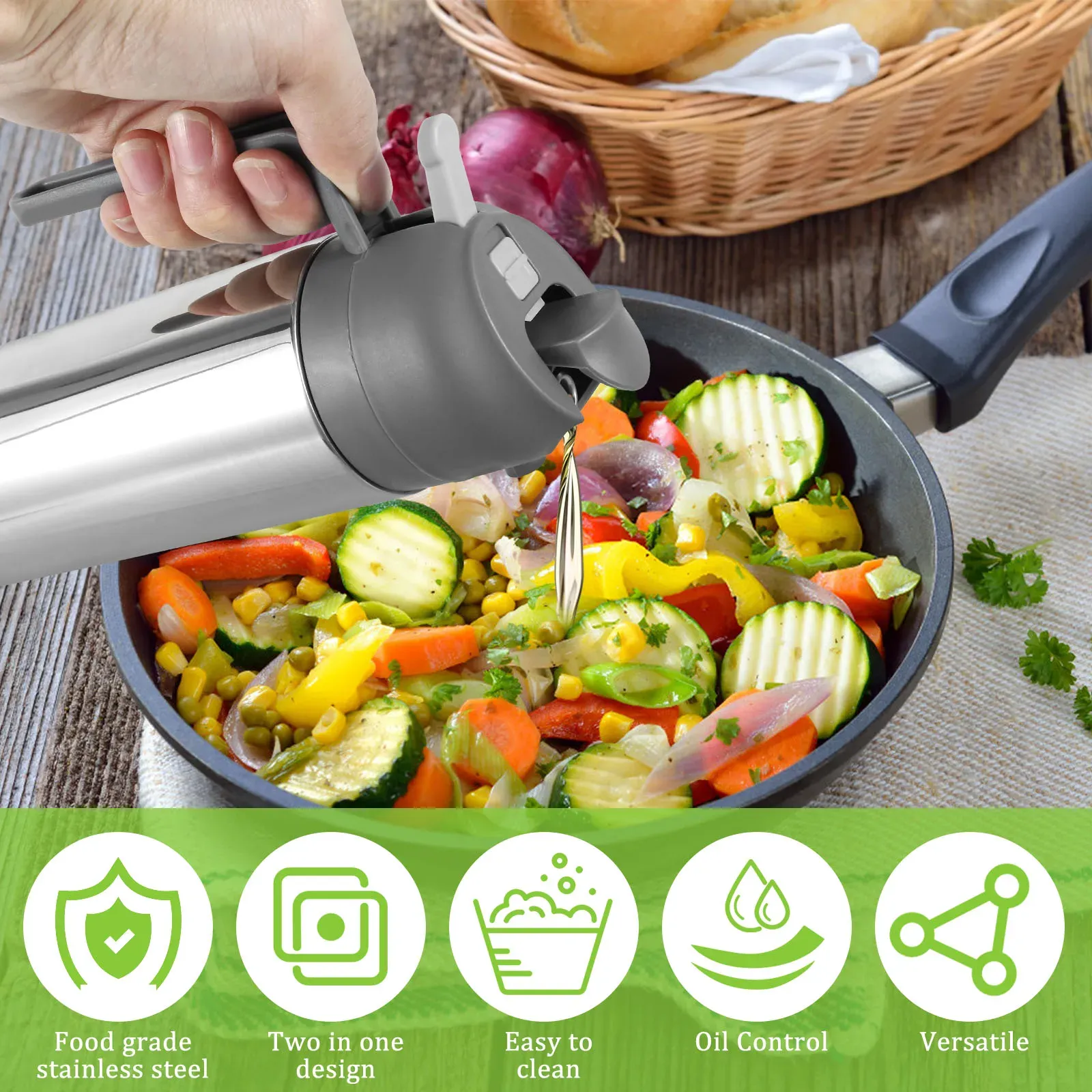 Distributeur d'huile d'olive 2 en 1 en acier inoxydable et verre, pulvérisateur et verseur, 470 ml / 500 ml 5
