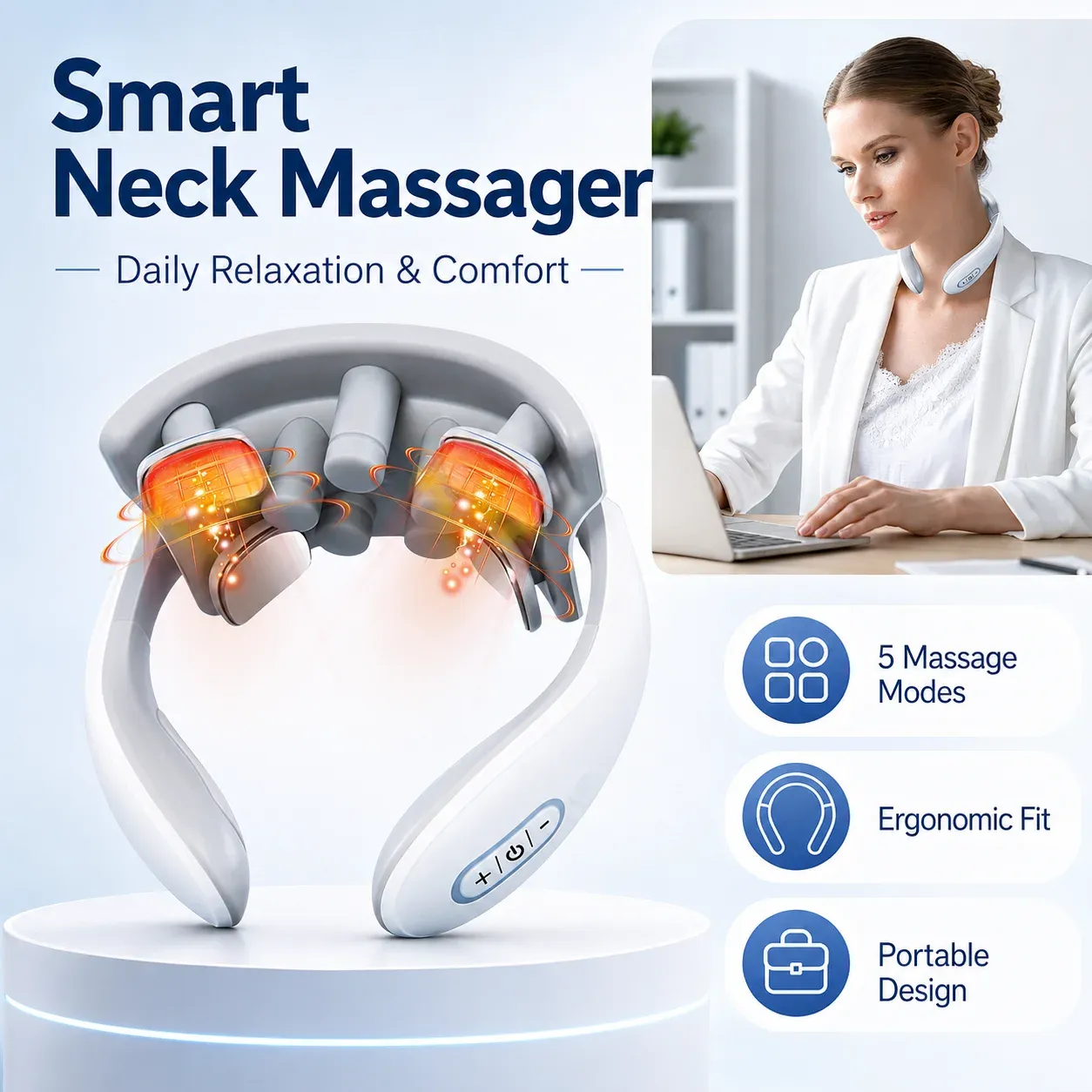 Masseur de cou intelligent pour adultes, 5 modes de massage, appareil ergonomique portable pour le cou, idéal pour la relaxation au bureau, à la maison et en voyage