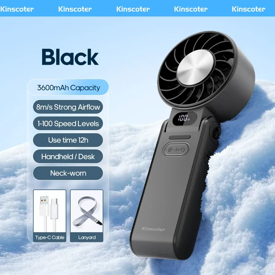 Ventilateur portable rechargeable 3600 mAh à 100 vitesses réglables, pliable, avec cordon 7