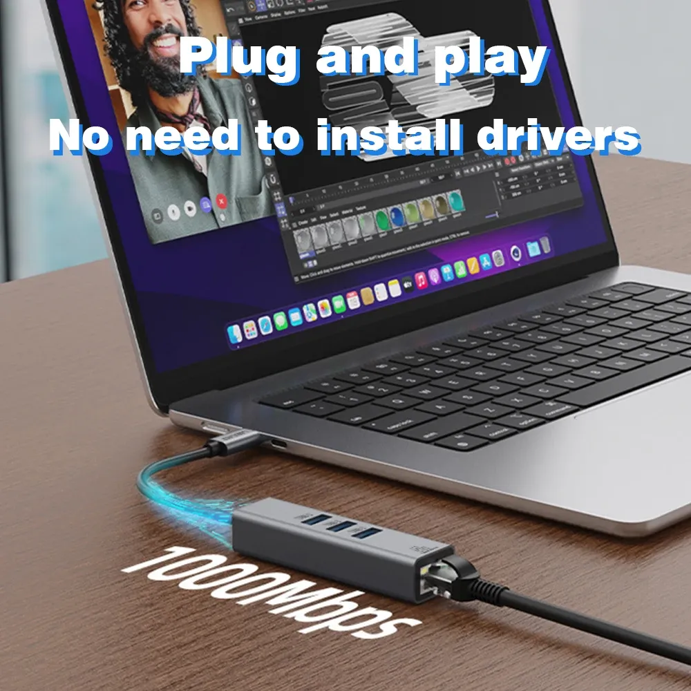 Station d'accueil USB-C avec port Ethernet RJ45 Gigabit 1000 Mbps, hub USB 3.0 et charge 100 W 5