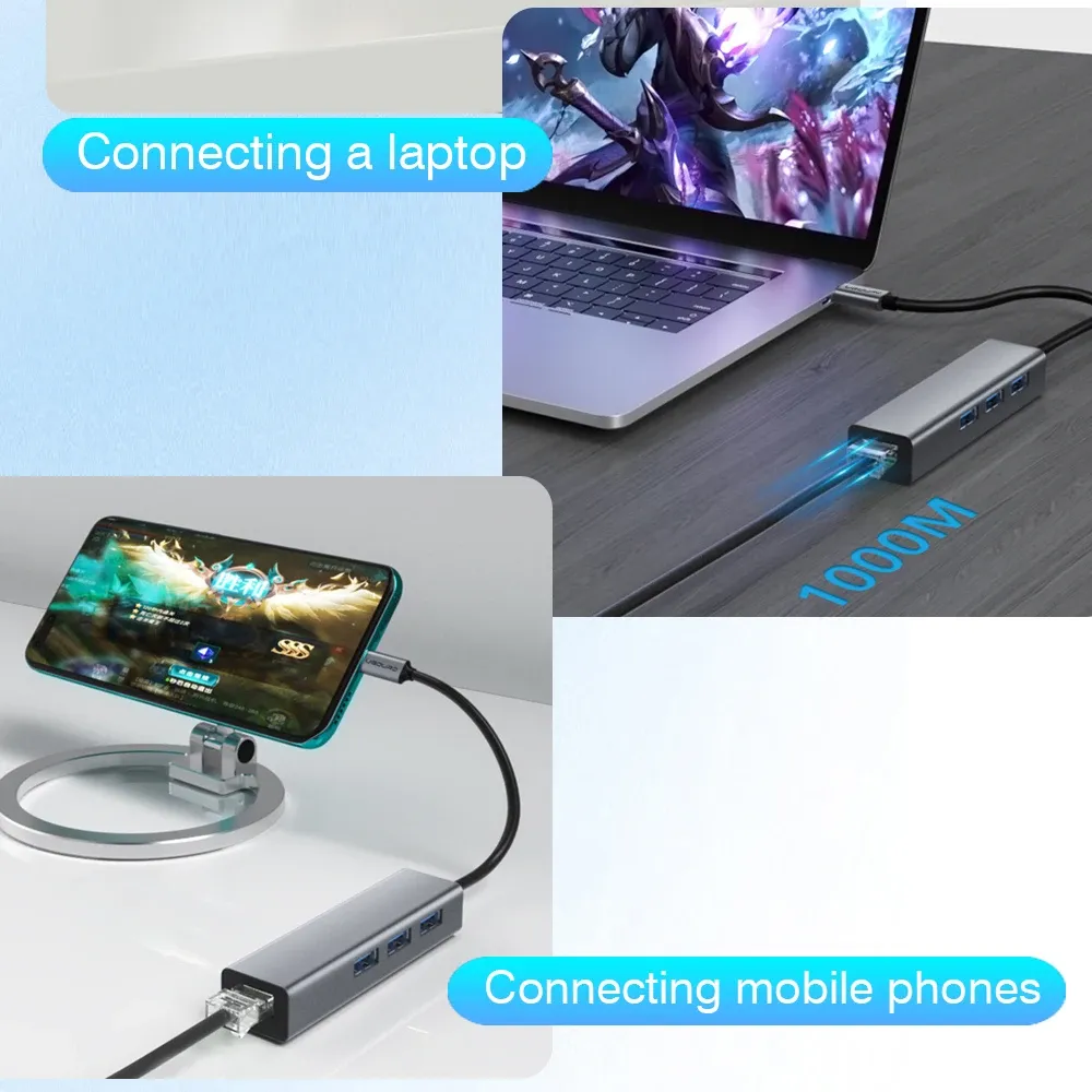 Station d'accueil USB-C avec port Ethernet RJ45 Gigabit 1000 Mbps, hub USB 3.0 et charge 100 W 6