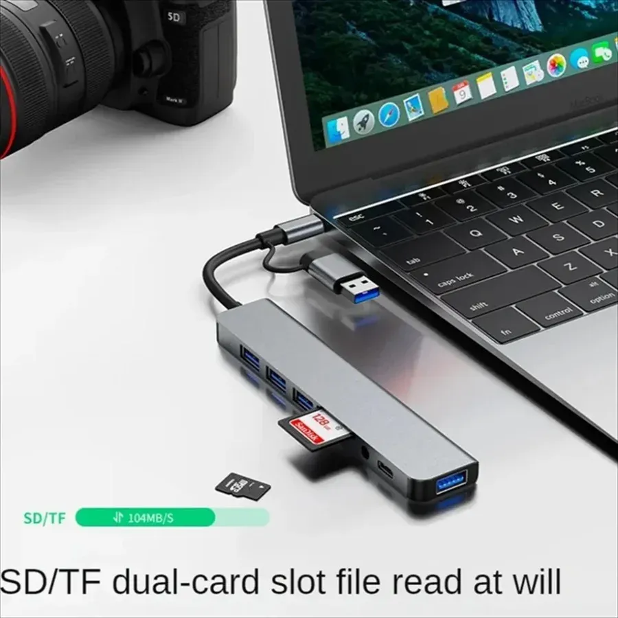 Hub USB 8-en-2 avec lecteur de cartes, ports USB-C, USB 3.0/2.0, lecteur de cartes SD/TF et station d'accueil 2