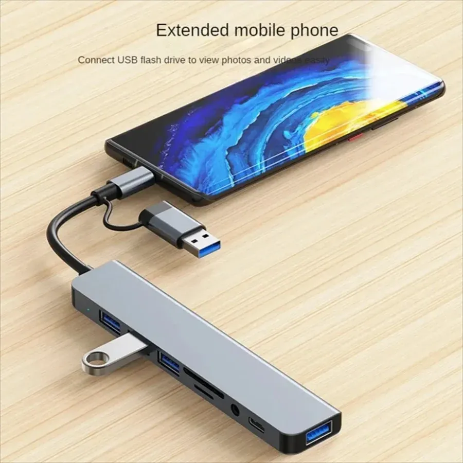 Hub USB 8-en-2 avec lecteur de cartes, ports USB-C, USB 3.0/2.0, lecteur de cartes SD/TF et station d'accueil 6