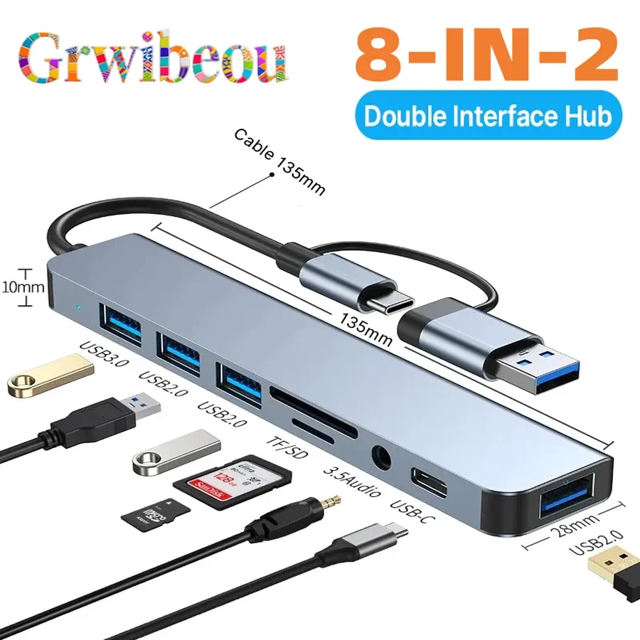 Hub USB 8-en-2 avec lecteur de cartes, ports USB-C, USB 3.0/2.0, lecteur de cartes SD/TF et station d'accueil 7