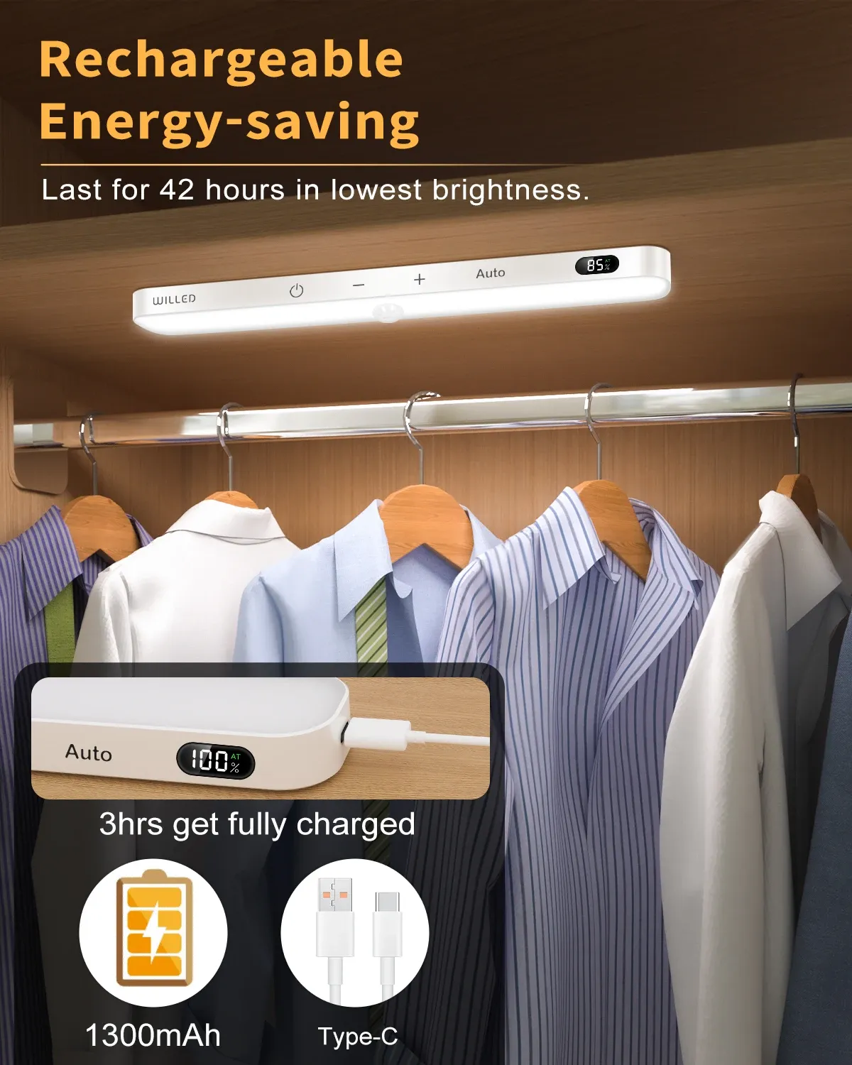 Veilleuse d'armoire WILLED avec capteur de mouvement, barre lumineuse tactile à 60 LED et affichage de la batterie, rechargeable sans fil 2