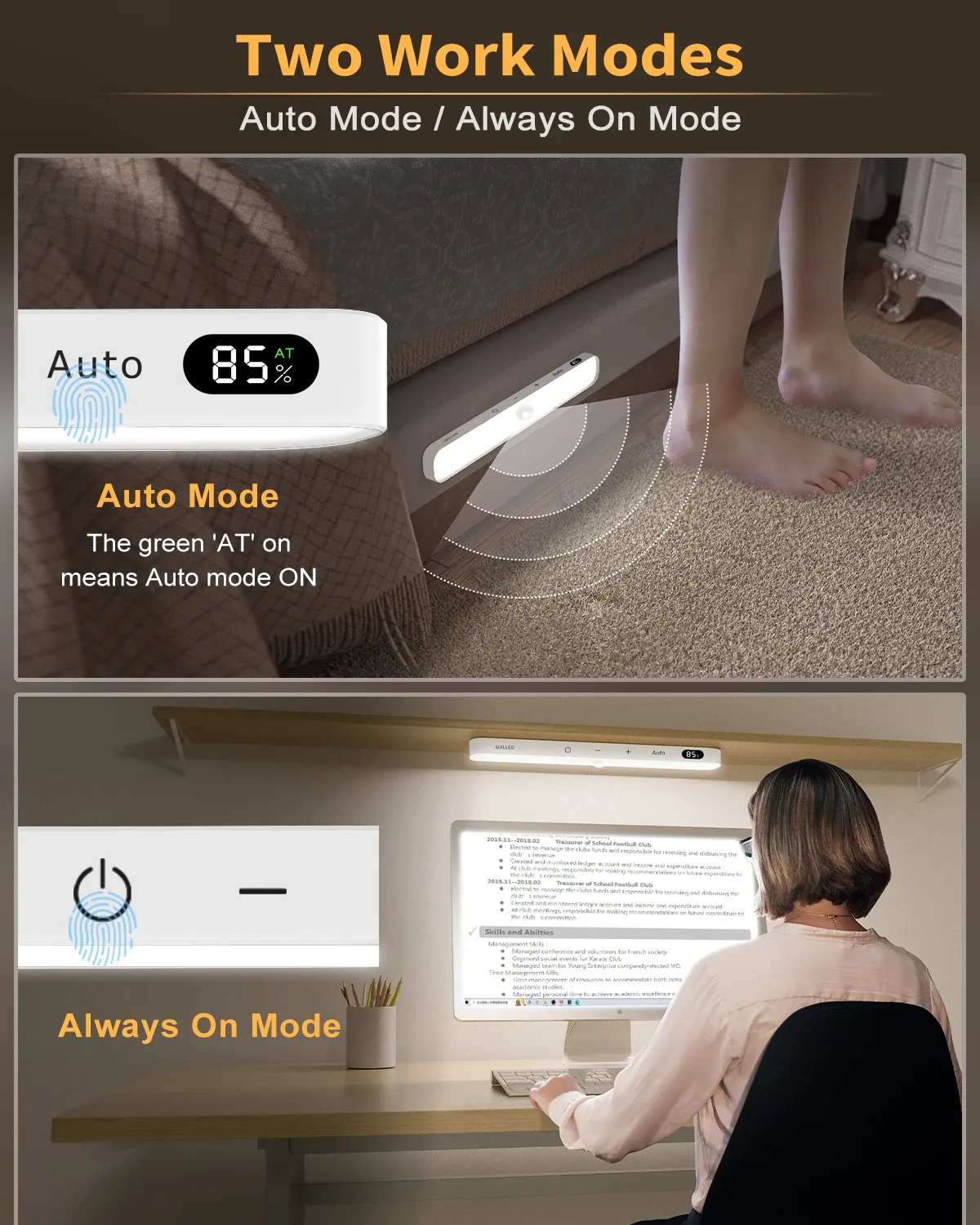 Veilleuse d'armoire WILLED avec capteur de mouvement, barre lumineuse tactile à 60 LED et affichage de la batterie, rechargeable sans fil 3
