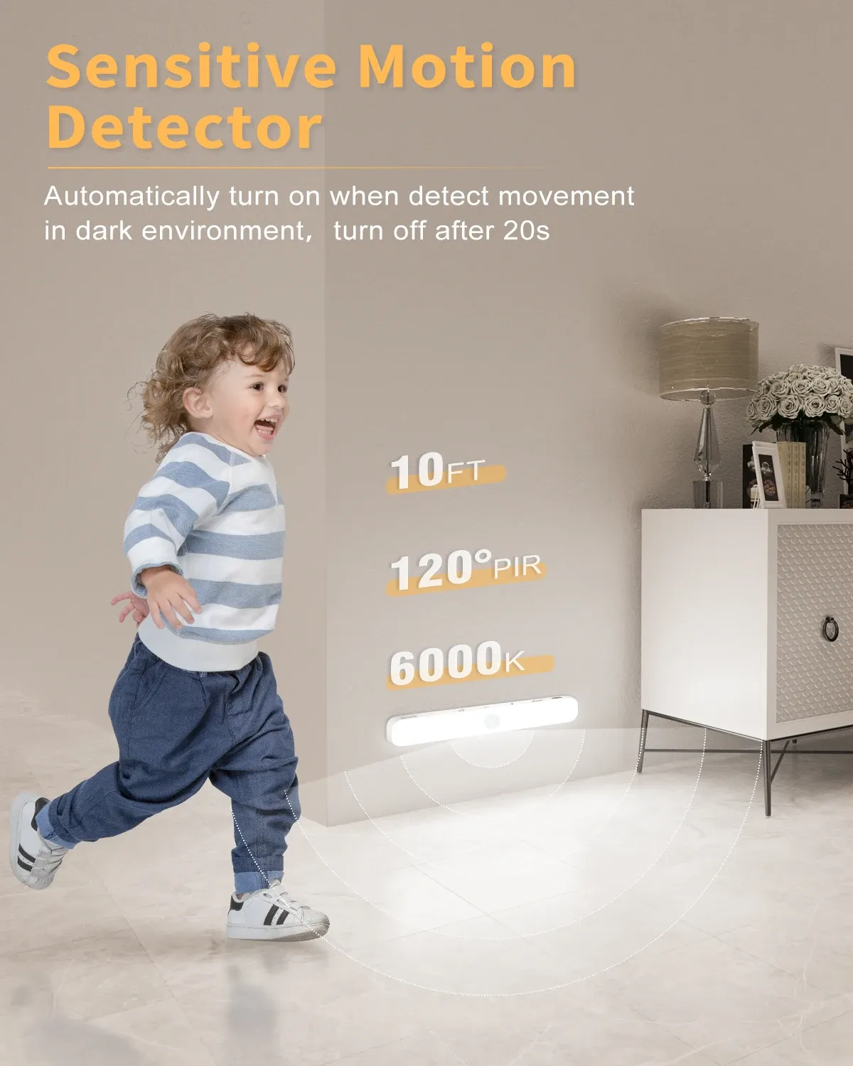 Veilleuse d'armoire WILLED avec capteur de mouvement, barre lumineuse tactile à 60 LED et affichage de la batterie, rechargeable sans fil 4