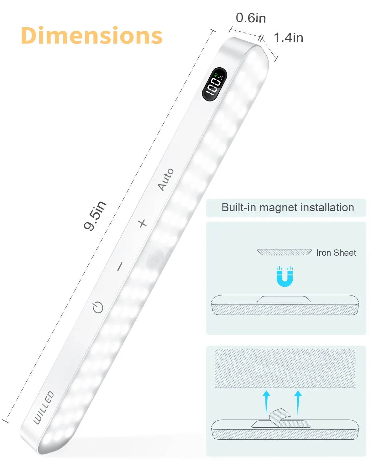 Veilleuse d'armoire WILLED avec capteur de mouvement, barre lumineuse tactile à 60 LED et affichage de la batterie, rechargeable sans fil 6