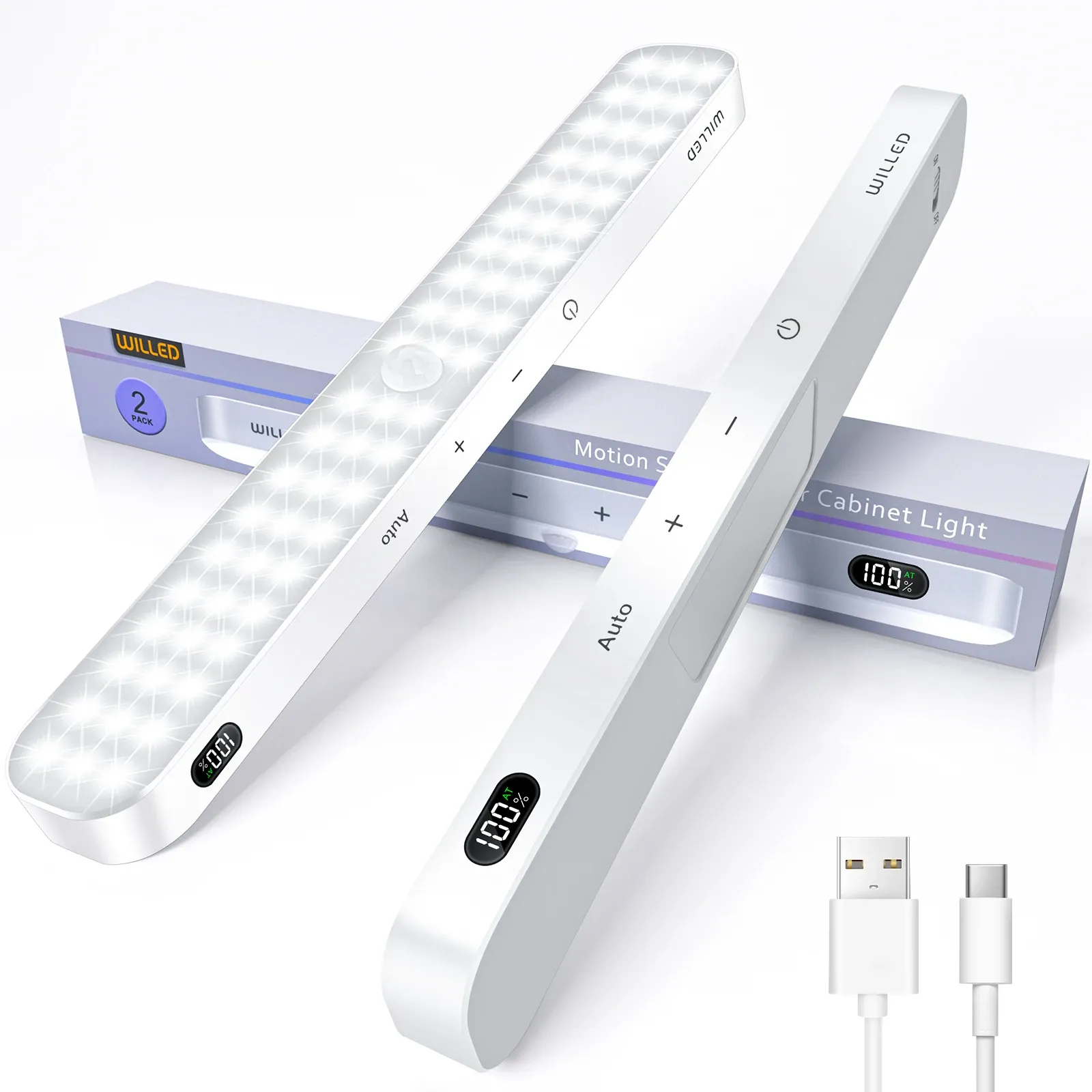 Veilleuse d'armoire WILLED avec capteur de mouvement, barre lumineuse tactile à 60 LED et affichage de la batterie, rechargeable sans fil 8