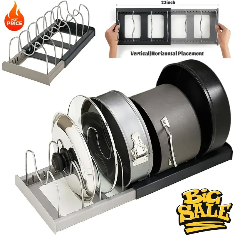 Organisateur extensible pour casseroles et poêles avec support réglable pour couvercles, rangement compact pour ustensiles de cuisine - Image 1