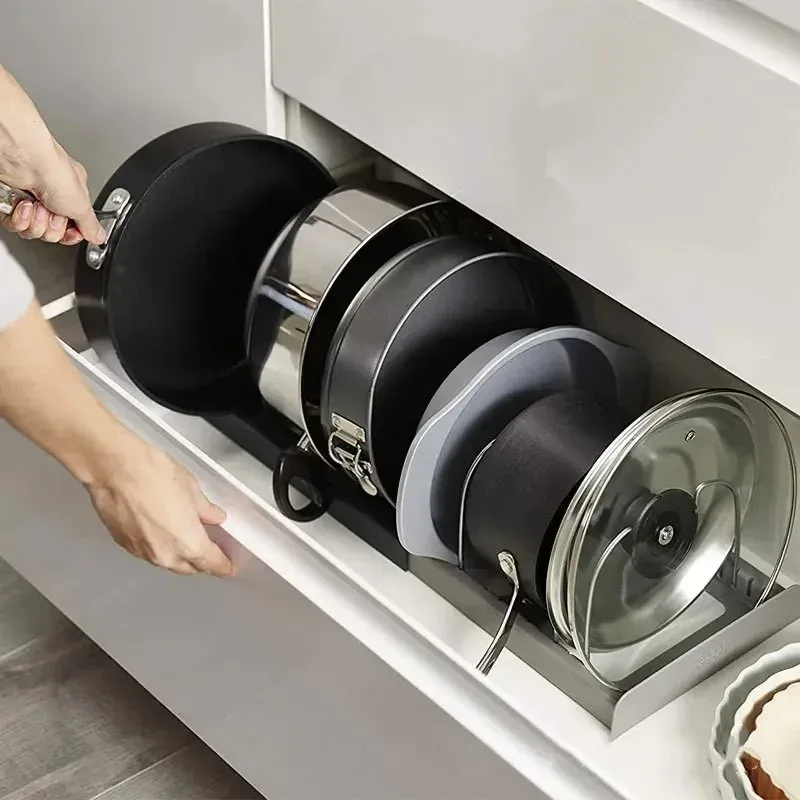 Organisateur extensible pour casseroles et poêles avec support réglable pour couvercles, rangement compact pour ustensiles de cuisine 2