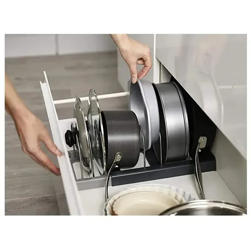 Organisateur extensible pour casseroles et poêles avec support réglable pour couvercles, rangement compact pour ustensiles de cuisine 3