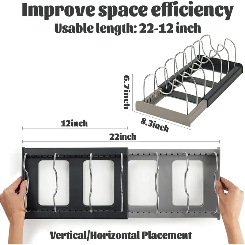 Organisateur extensible pour casseroles et poêles avec support réglable pour couvercles, rangement compact pour ustensiles de cuisine 6