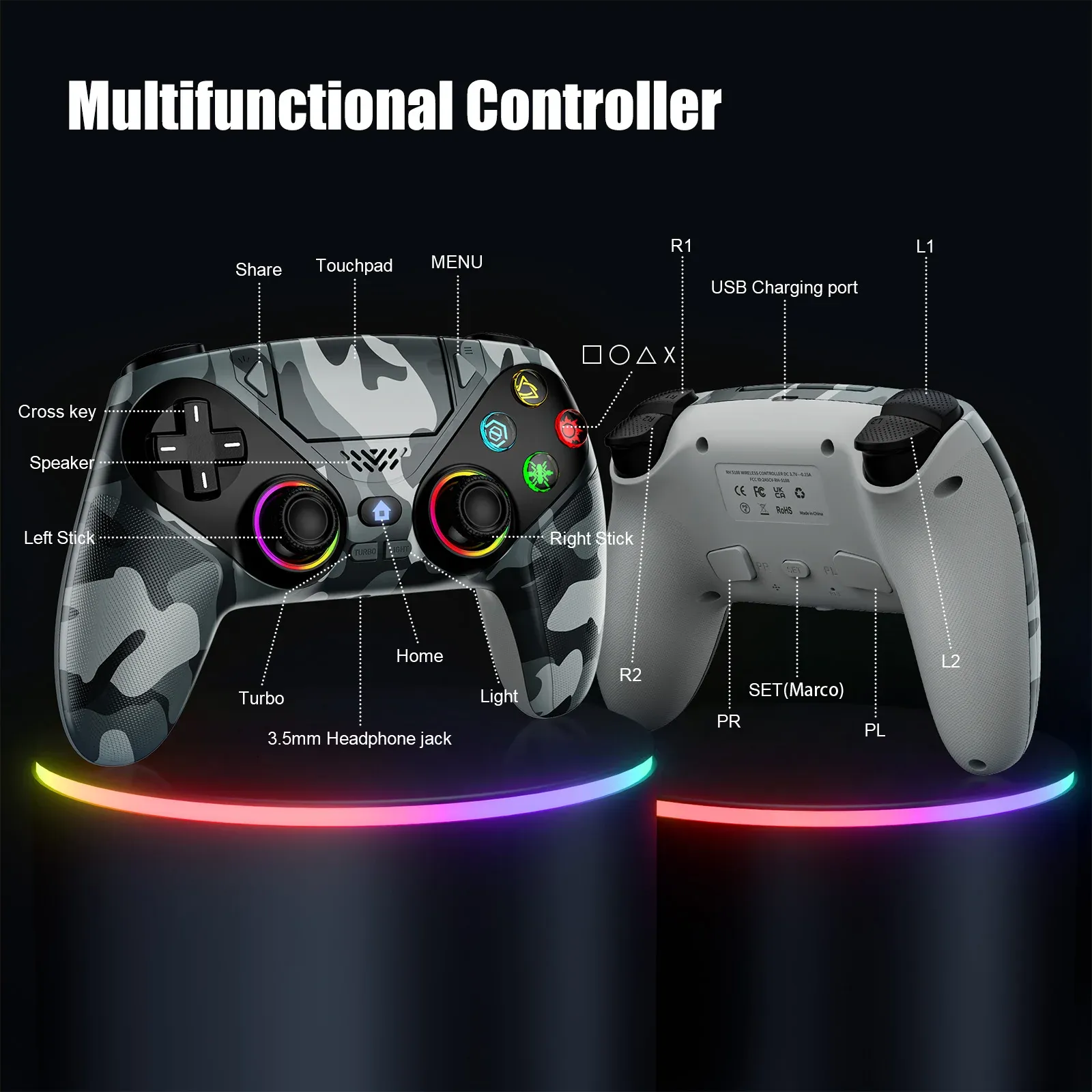 Manette sans fil RGB pour PlayStation 5, PS5 Pro, PS5 Slim et PC, avec gâchettes à effet Hall, fonctions Marco/Turbo et système anti-dérive 6