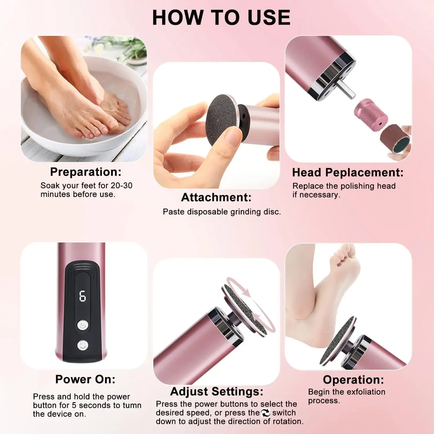Râpe électrique 2 en 1 pour callosités et lime à ongles, outil de pédicure rechargeable sans fil 5