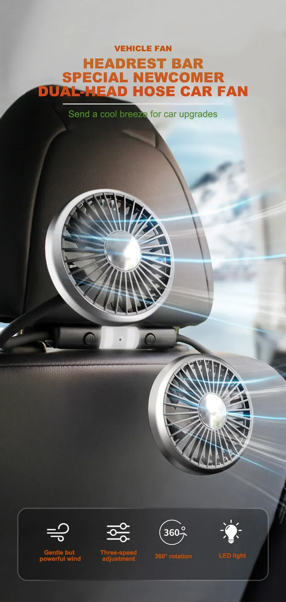 Ventilateur de voiture à LED, vue de présentation