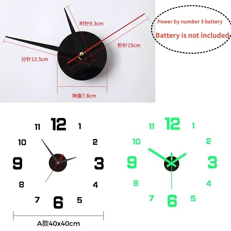 Horloge murale lumineuse 3D sans cadre en acrylique, horloge numérique autocollante, horloge silencieuse pour salon, chambre à coucher, bureau, décoration murale 2