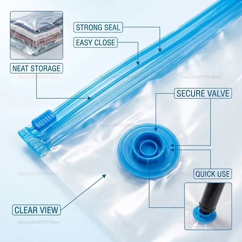 Sacs de rangement sous vide à valve, pliables et compressibles, grande taille pour vêtements et couvertures 2