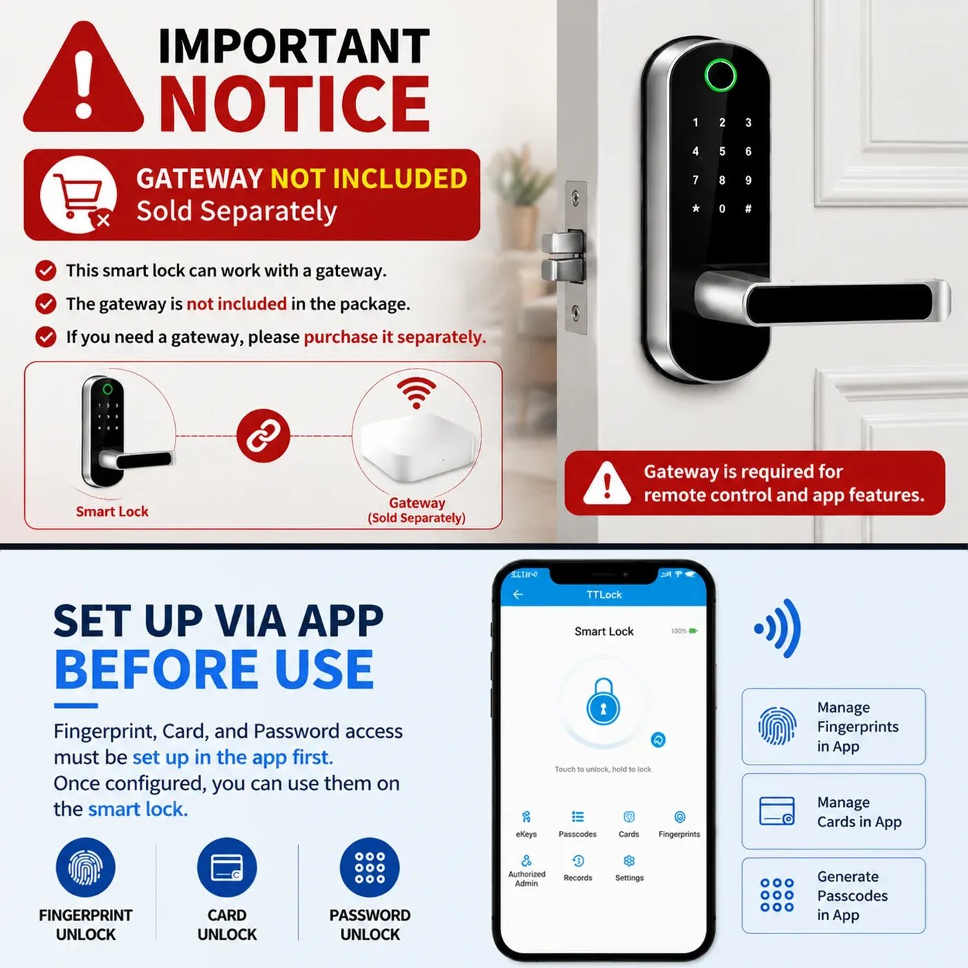 Serrure de porte intelligente à empreintes digitales NDavid, déverrouillage à distance sans clé, WiFi, écran tactile, étanche IP67, 2 cartes IC, compatible application 4