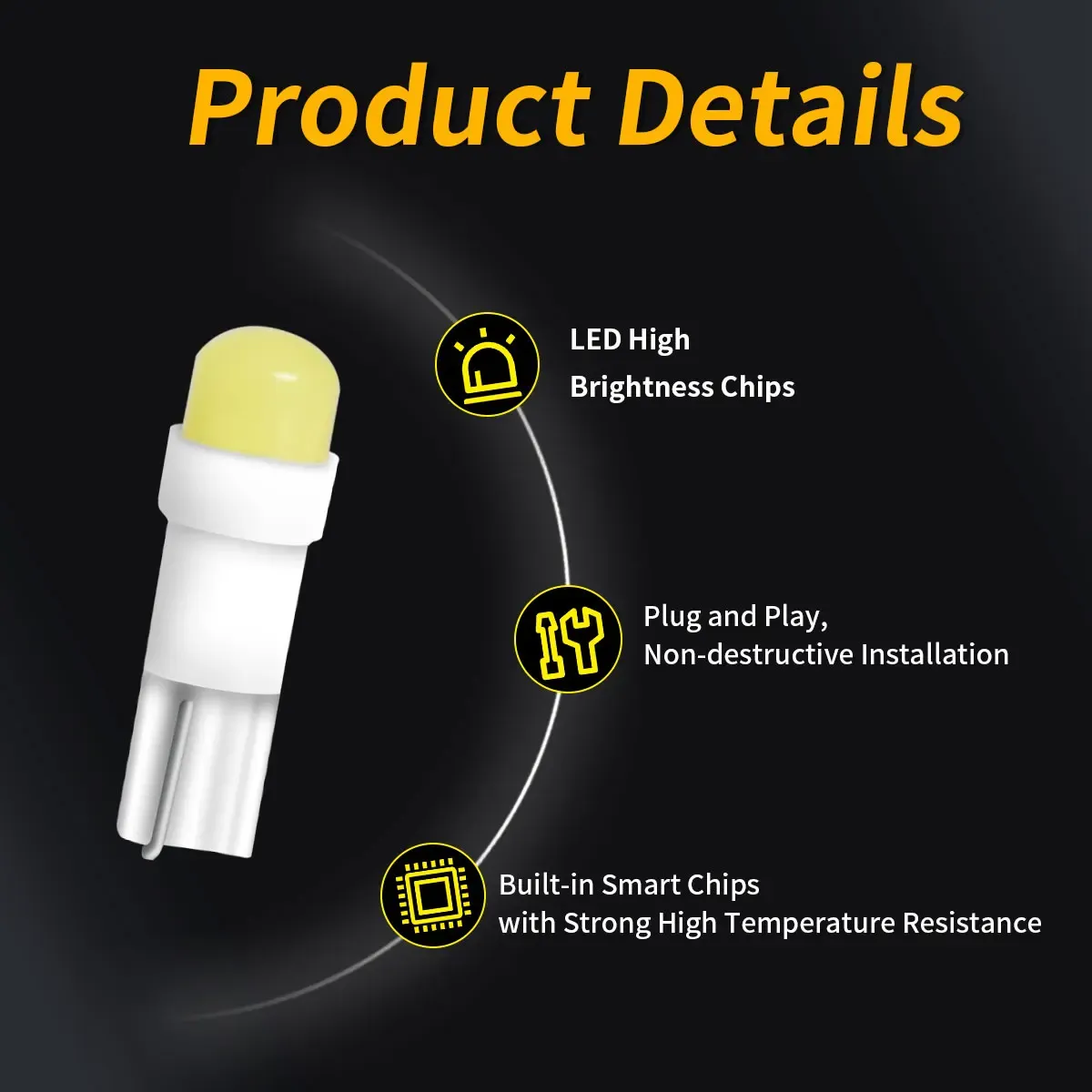 Ampoules LED T5 pour éclairage automobile, vue de détail