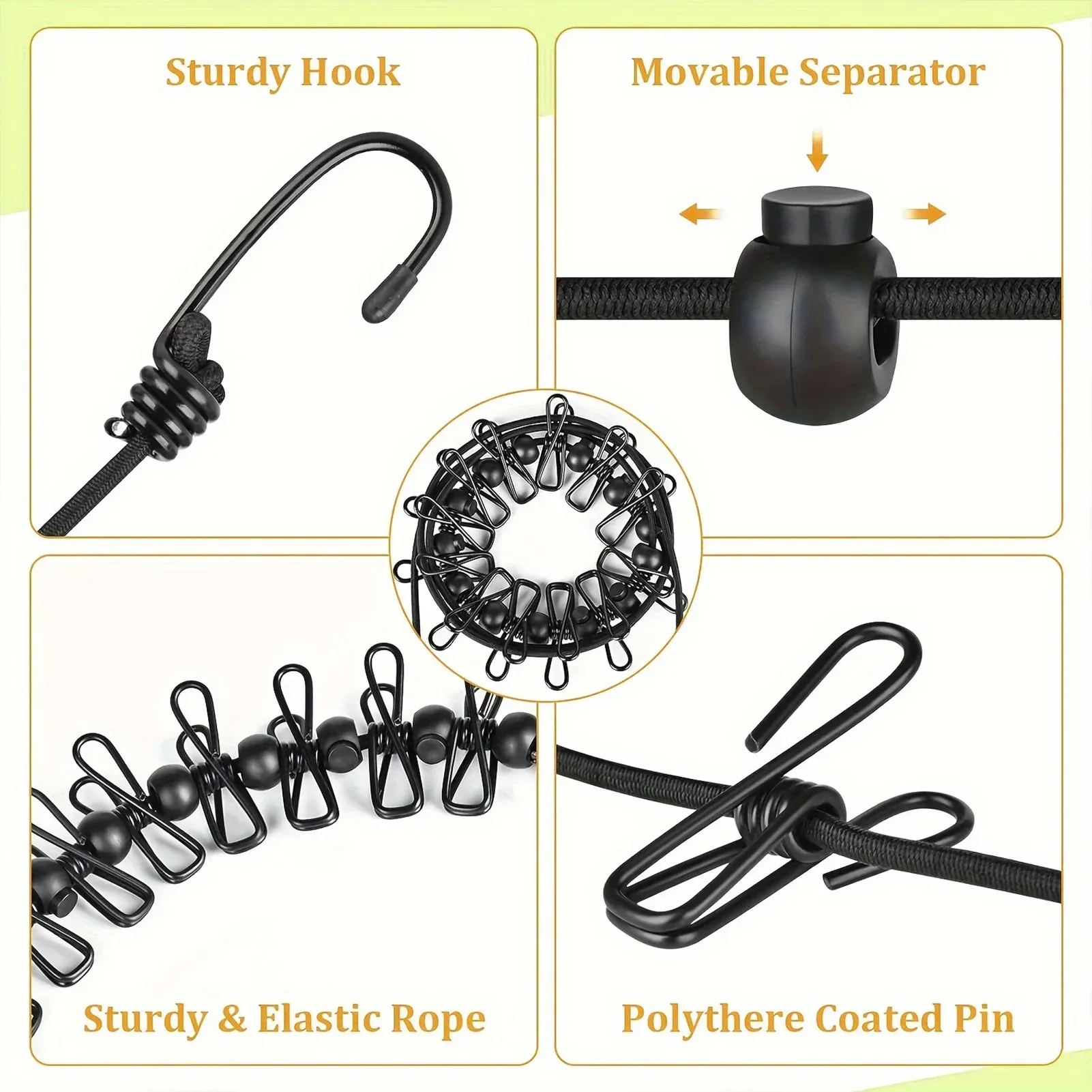 Corde à linge de voyage portable avec 12 pinces, corde de séchage rétractable antidérapante en plastique pour la maison, les voyages et l'extérieur 3