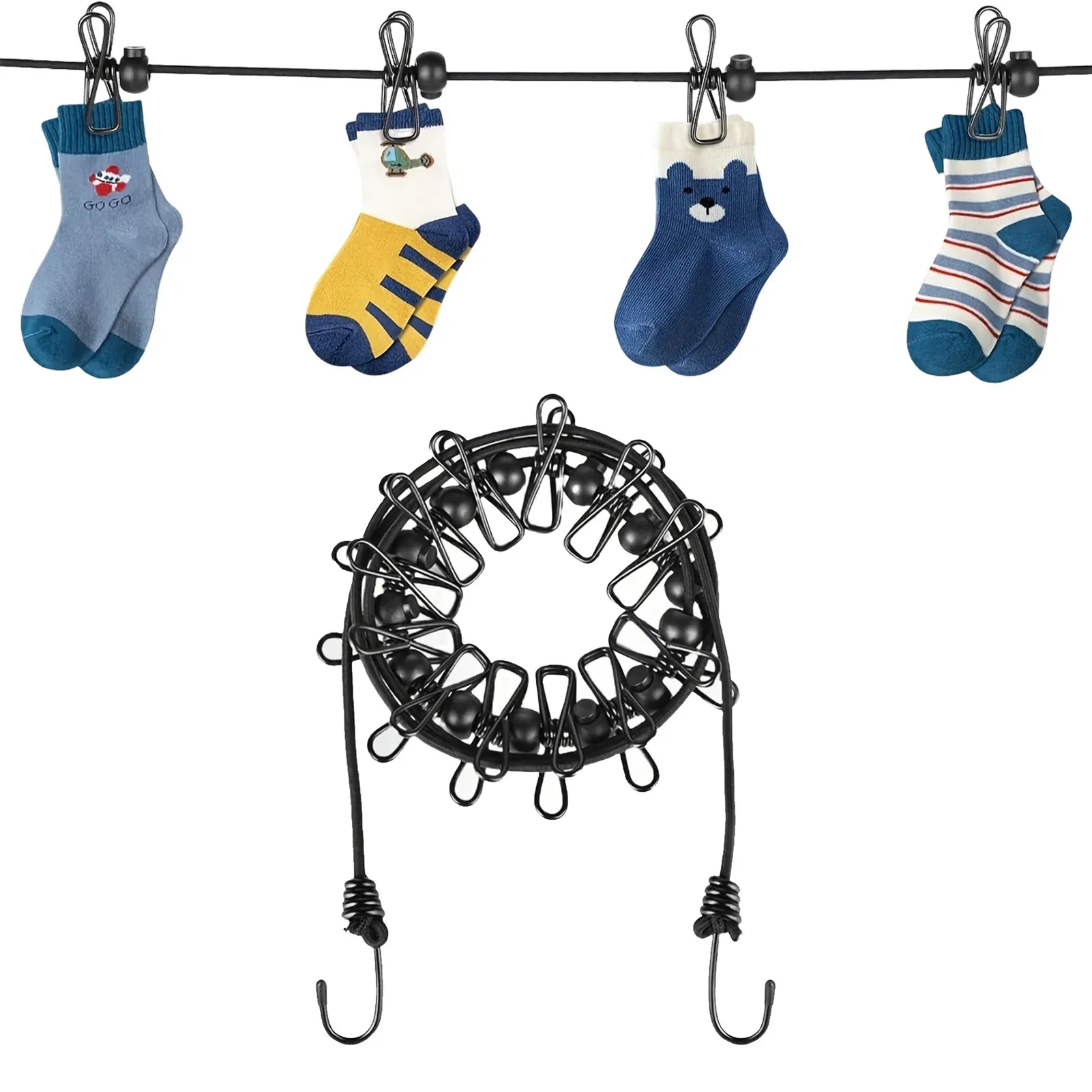 Corde à linge de voyage portable avec 12 pinces, corde de séchage rétractable antidérapante en plastique pour la maison, les voyages et l'extérieur - Image 1
