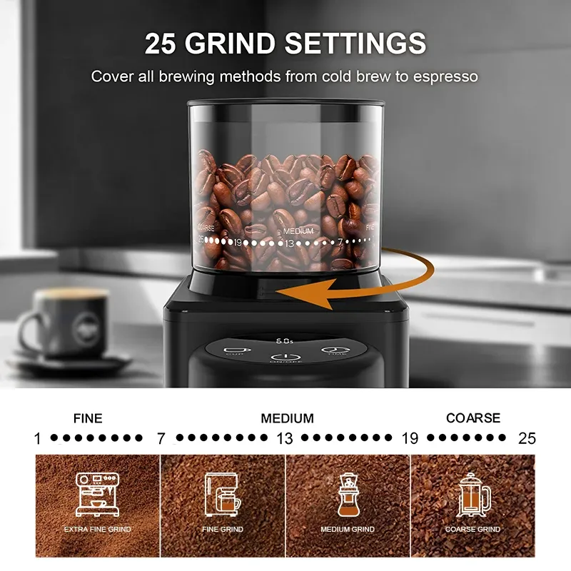 Broyeur électrique à meule conique pour café en grains, 25 réglages de mouture, écran tactile et double mode de meulage 5