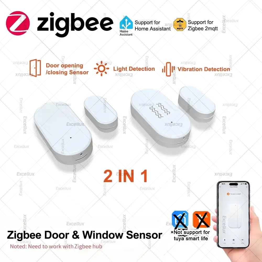 Capteur d'ouverture de porte et fenêtre Zigbee 3.0 avec capteur de luminosité et de vibration, alarme de sécurité domestique intelligente