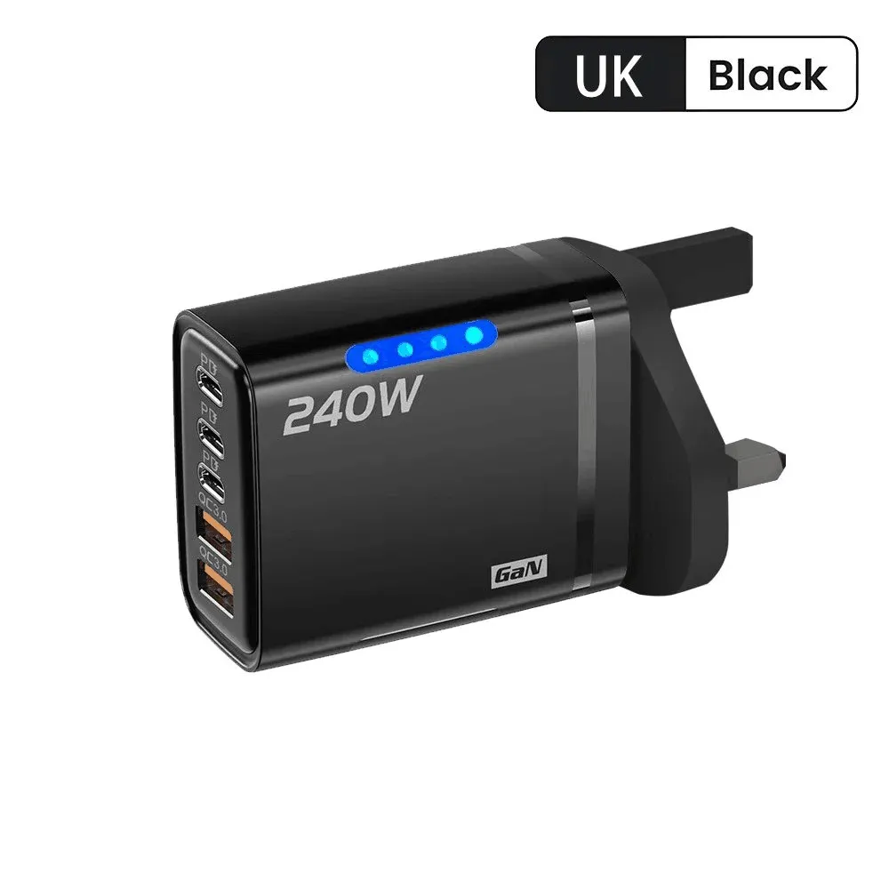 Chargeur de bureau GaN USB-C 240 W 5 en 1 à charge rapide avec câble Type-C 10 A, compatible iPhone, Samsung et Xiaomi, prises EU/US/UK 11
