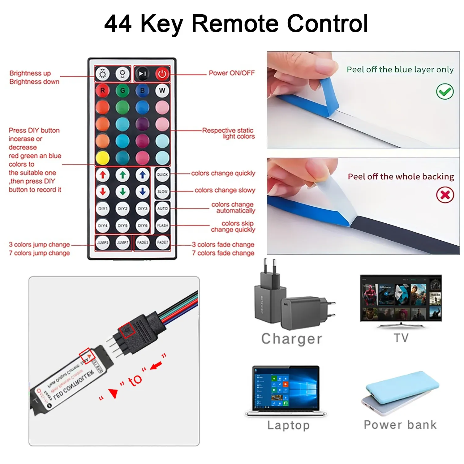 Bande LED RGB avec télécommande 44 touches, longueurs 1 m à 20 m, idéale pour chambre, salon et rétroéclairage TV 5