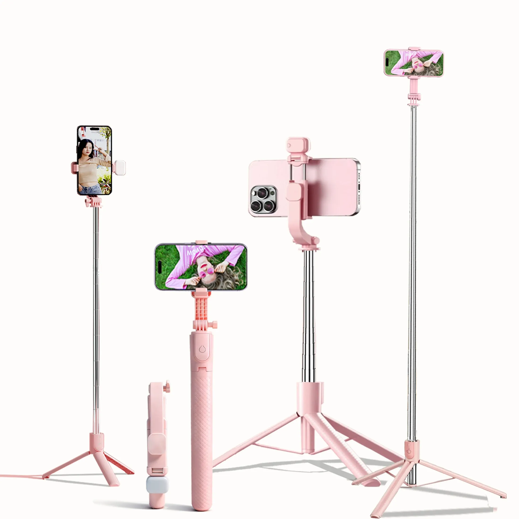 Trépied perche à selfie extensible en aluminium avec lumière d'appoint et télécommande Bluetooth, compatible iPhone et Android