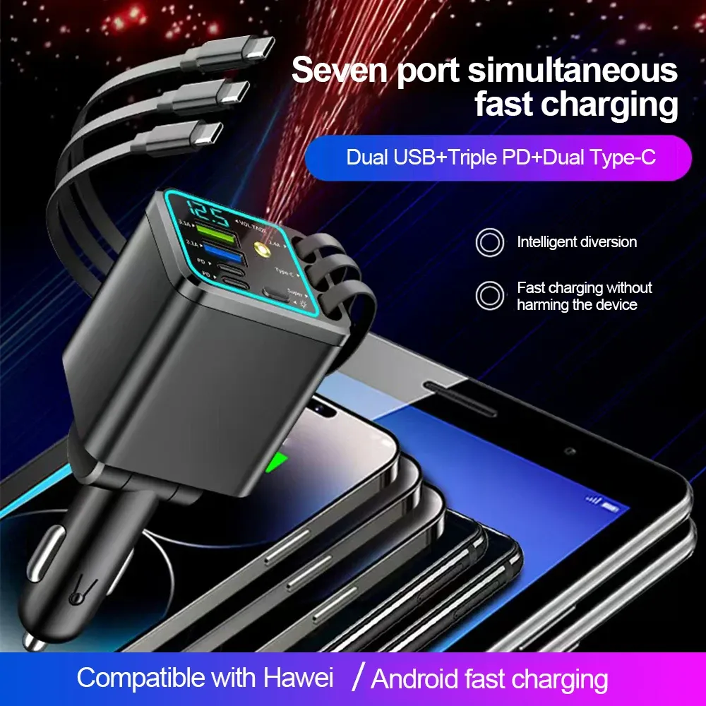 Chargeur de voiture 5 en 1 66 W avec câble rétractable Power Delivery 30 W, écran de tension et sortie 2,4 A pour iPhone et Android 2