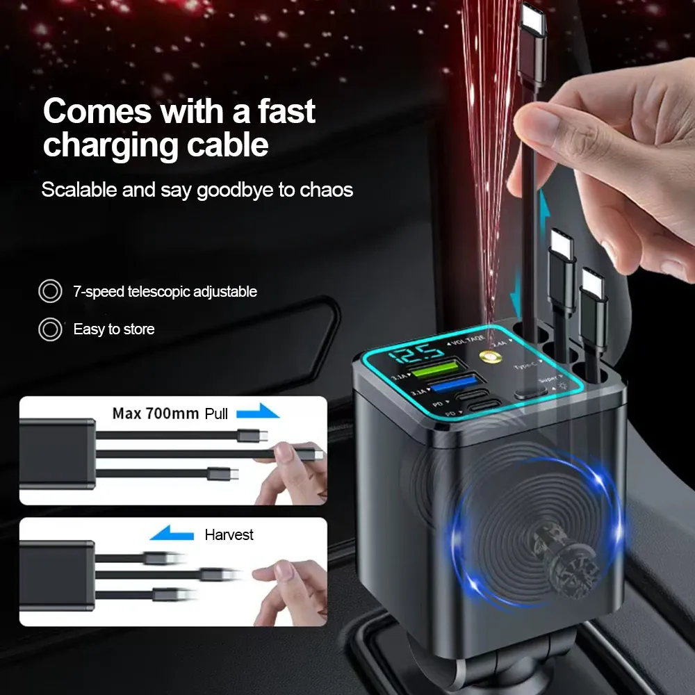 Chargeur de voiture 5 en 1 66 W avec câble rétractable Power Delivery 30 W, écran de tension et sortie 2,4 A pour iPhone et Android 4