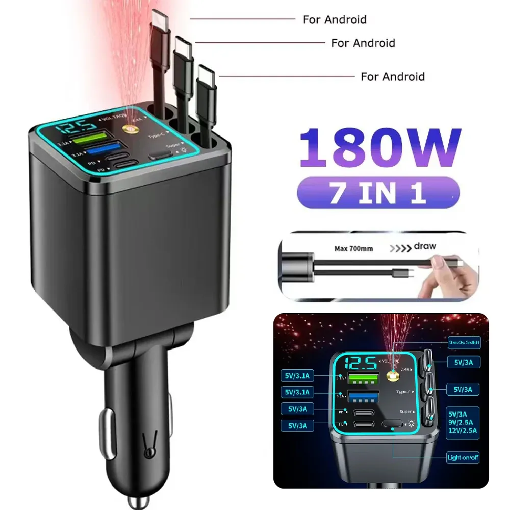 Chargeur de voiture 5 en 1 66 W avec câble rétractable Power Delivery 30 W, écran de tension et sortie 2,4 A pour iPhone et Android 9