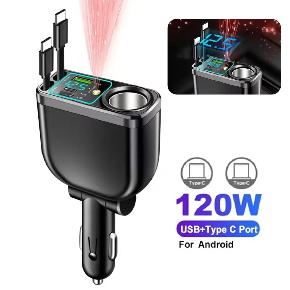 Chargeur de voiture 5 en 1 66 W avec câble rétractable Power Delivery 30 W, écran de tension et sortie 2,4 A pour iPhone et Android 10