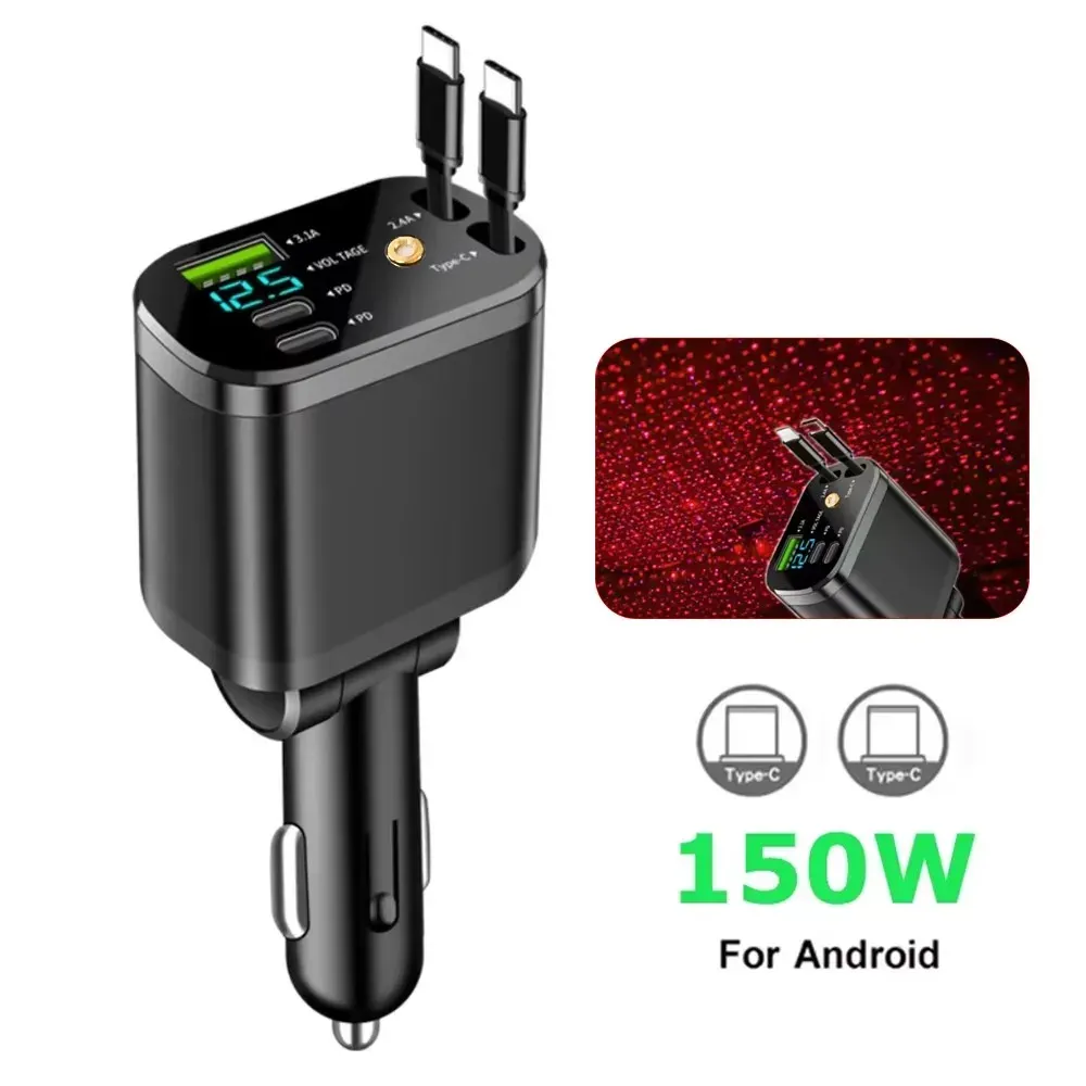 Chargeur de voiture 5 en 1 66 W avec câble rétractable Power Delivery 30 W, écran de tension et sortie 2,4 A pour iPhone et Android 11