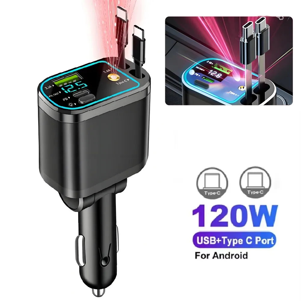 Chargeur de voiture 5 en 1 66 W avec câble rétractable Power Delivery 30 W, écran de tension et sortie 2,4 A pour iPhone et Android 12