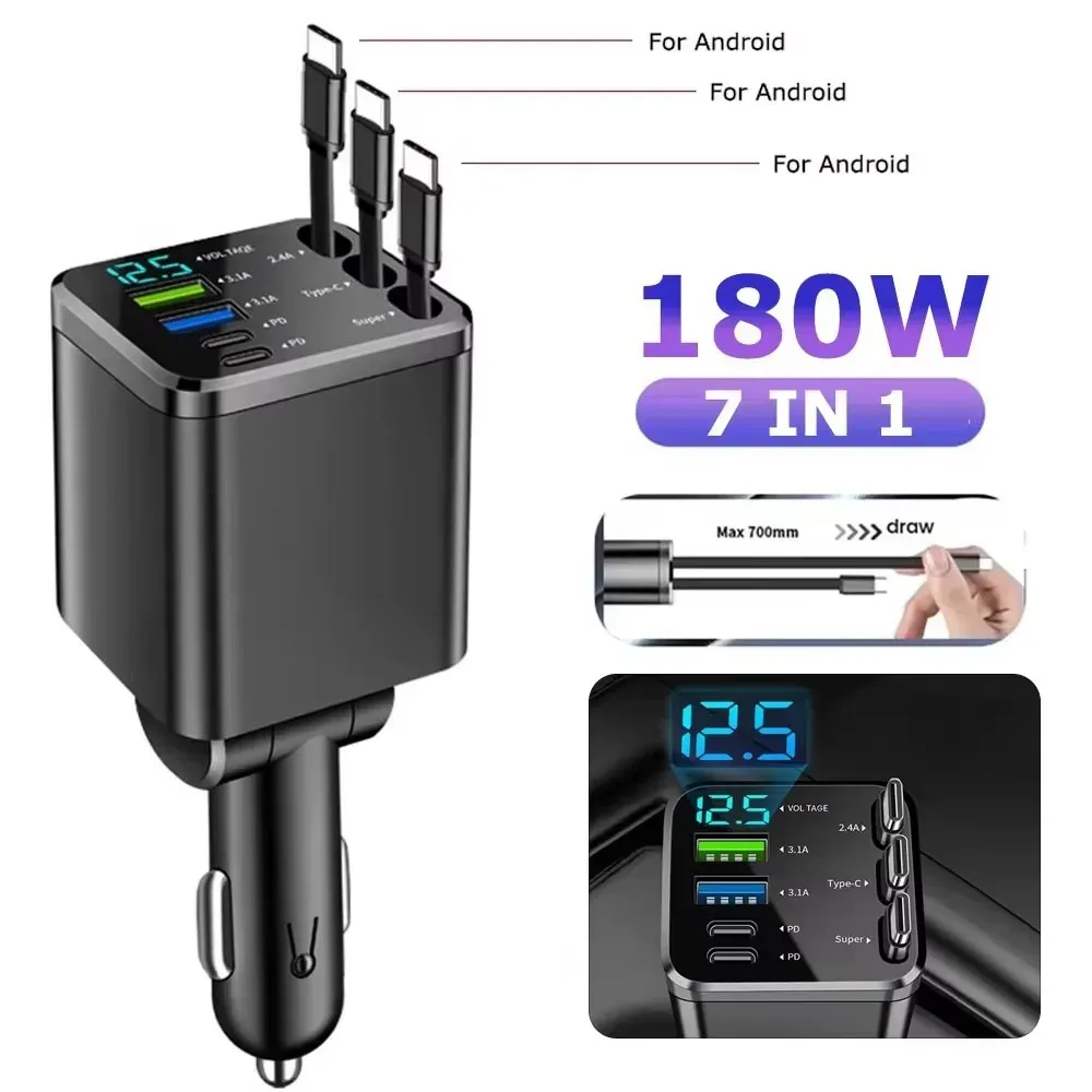 Chargeur de voiture 5 en 1 66 W avec câble rétractable Power Delivery 30 W, écran de tension et sortie 2,4 A pour iPhone et Android 14