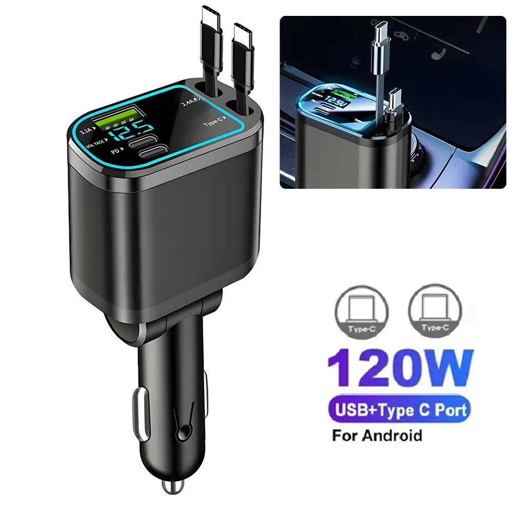 Chargeur de voiture 5 en 1 66 W avec câble rétractable Power Delivery 30 W, écran de tension et sortie 2,4 A pour iPhone et Android 13