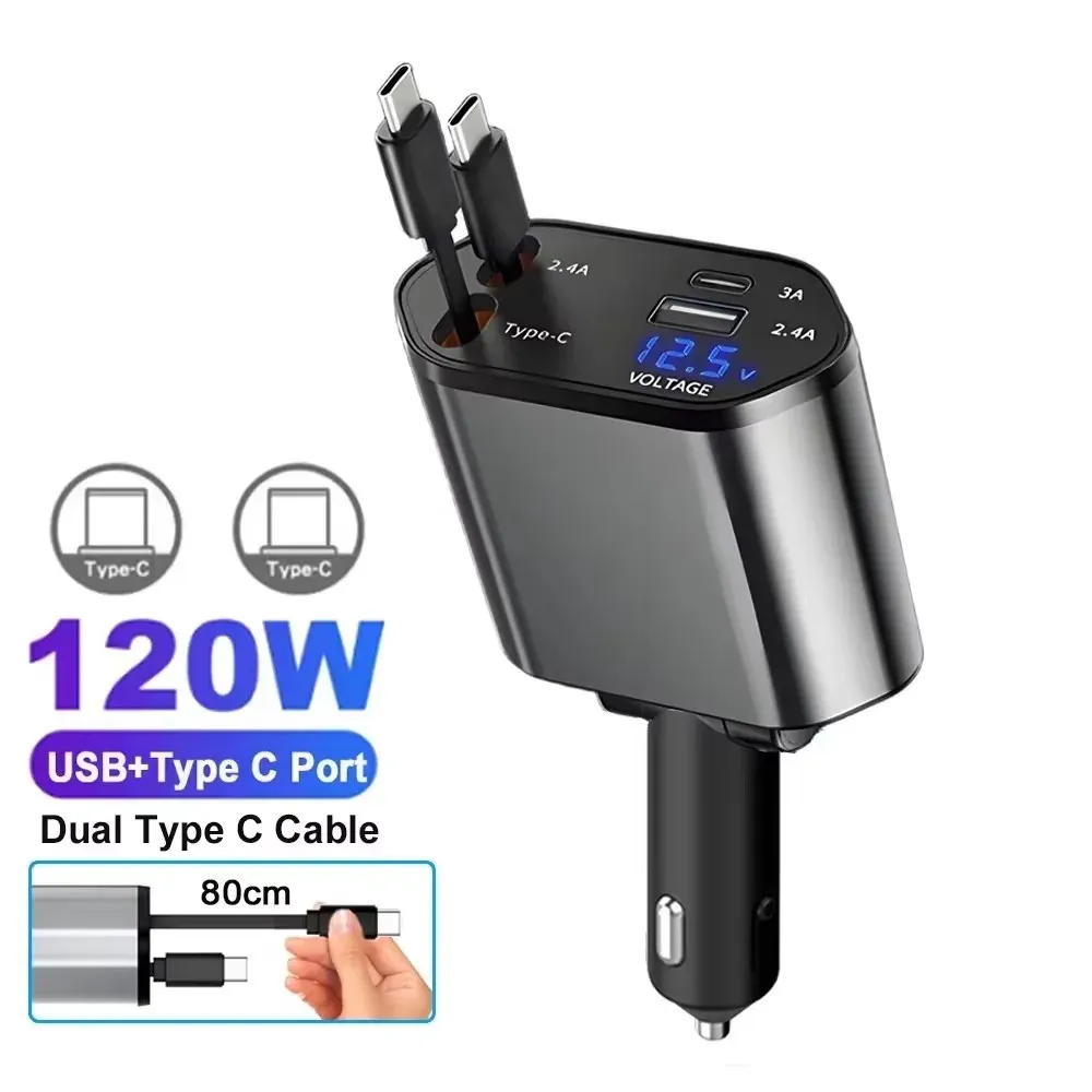 Chargeur de voiture 5 en 1 66 W avec câble rétractable Power Delivery 30 W, écran de tension et sortie 2,4 A pour iPhone et Android 8