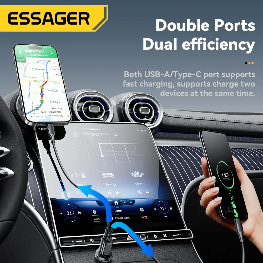 Chargeur de voiture mini 45W Essager, USB QC 3.0, PD 3.0, SCP, AFC, USB-C, chargeur de téléphone portable pour iPhone, Huawei, Samsung, Xiaomi, iPad 3