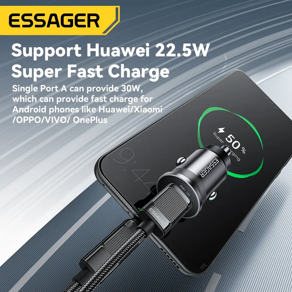 Chargeur de voiture mini 45W Essager, USB QC 3.0, PD 3.0, SCP, AFC, USB-C, chargeur de téléphone portable pour iPhone, Huawei, Samsung, Xiaomi, iPad 4