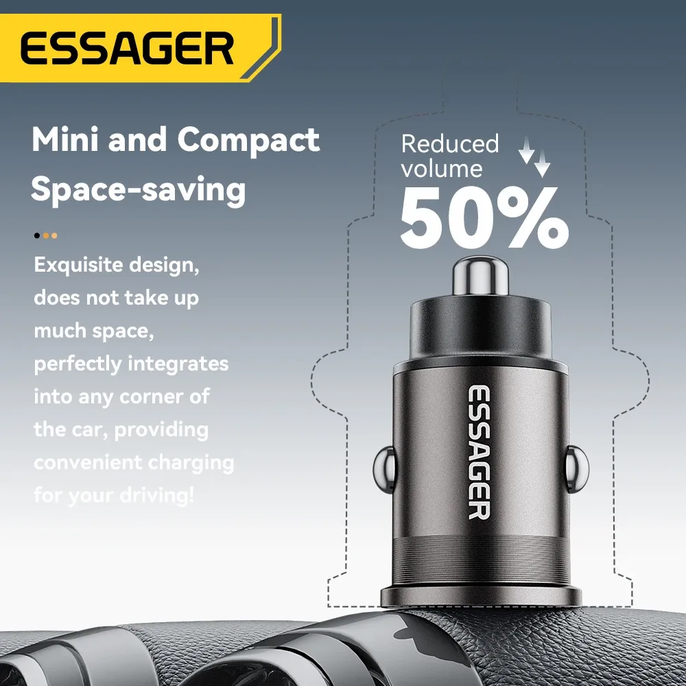 Chargeur de voiture mini 45W Essager, USB QC 3.0, PD 3.0, SCP, AFC, USB-C, chargeur de téléphone portable pour iPhone, Huawei, Samsung, Xiaomi, iPad 5