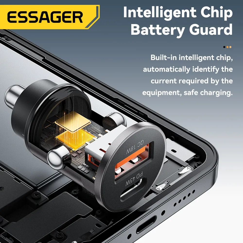 Chargeur de voiture mini 45W Essager, USB QC 3.0, PD 3.0, SCP, AFC, USB-C, chargeur de téléphone portable pour iPhone, Huawei, Samsung, Xiaomi, iPad 6