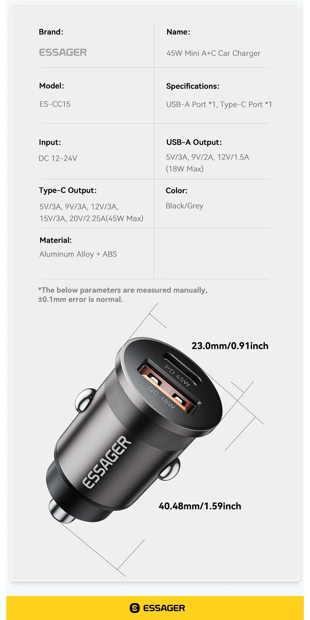 Chargeur de voiture Essager, présentation finale
