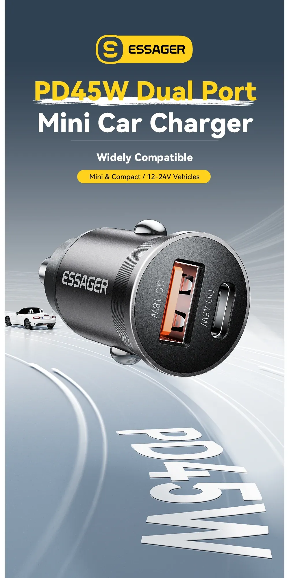 Chargeur de voiture Essager, vue d'ensemble