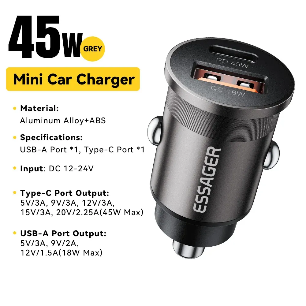 Chargeur de voiture mini 45W Essager, USB QC 3.0, PD 3.0, SCP, AFC, USB-C, chargeur de téléphone portable pour iPhone, Huawei, Samsung, Xiaomi, iPad 8
