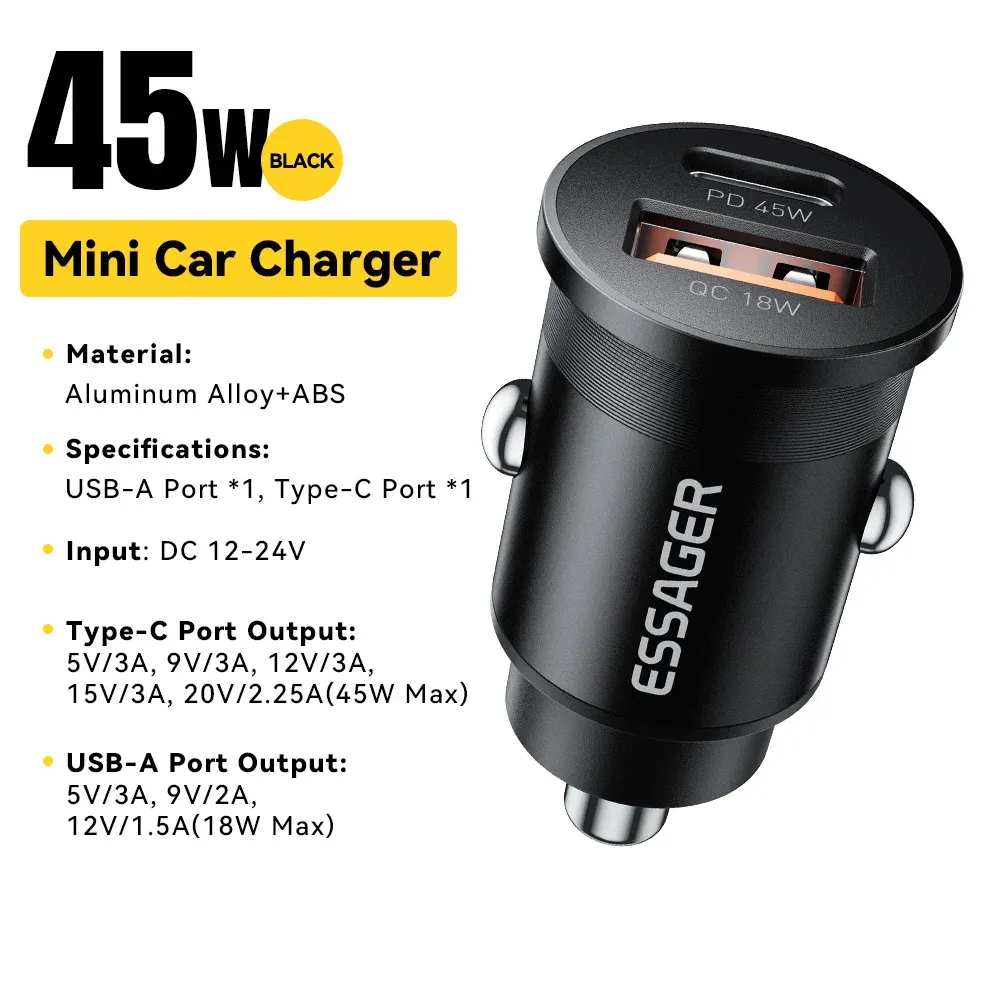Chargeur de voiture mini 45W Essager, USB QC 3.0, PD 3.0, SCP, AFC, USB-C, chargeur de téléphone portable pour iPhone, Huawei, Samsung, Xiaomi, iPad 7